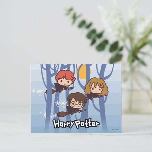 Cartoon Harry, Ron en Hermione vliegen in Bossen Briefkaart (Staand voorkant)