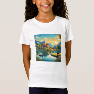 Cartoon Haus am Bergsee mit Tieren T-shirt