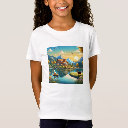 Cartoon Haus am Bergsee mit Tieren T-shirt (Voorkant)