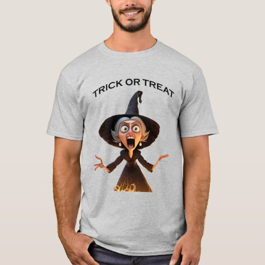 Cartoon heks "Trick or treat" T-shirt (Voorkant)