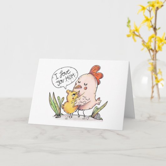 Cartoon Hen en chick Moederdag Kaart (Gele Bloem)