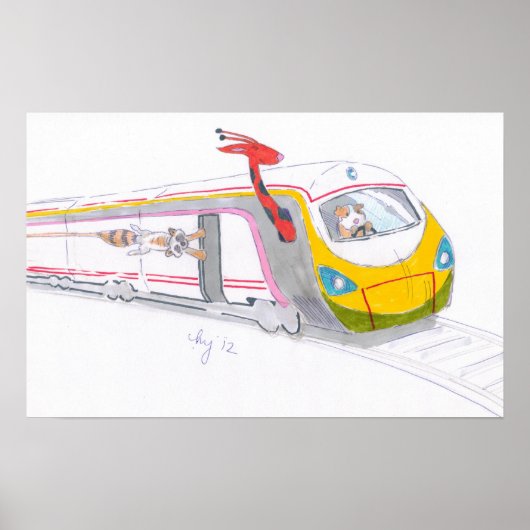 Cartoon high speed train guinea giraffe raccoon poster (Voorkant)