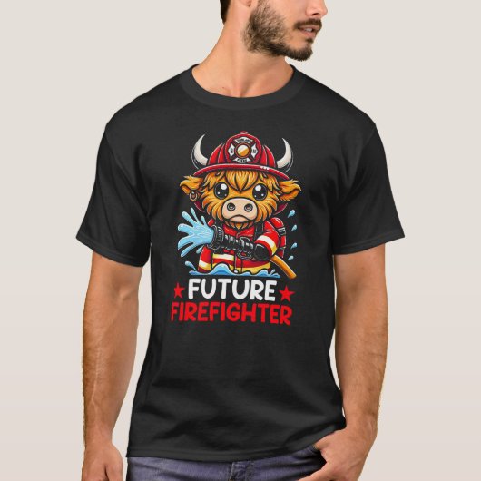 Cartoon Highland Cow Fireman Future Firefighter T-shirt (Voorkant)