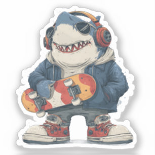 Cartoon Hip Hop Haaienpersonage met Skateboard Sticker