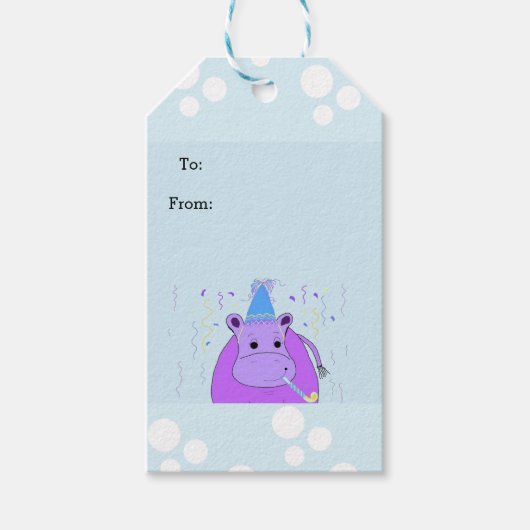 Cartoon Hippo in een Pet van de Partij Cadeaulabel (Voorkant)