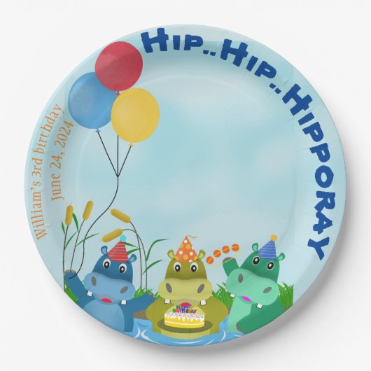 Cartoon Hippo Vieren Verjaardag bij River Papieren Bordje (Voorkant)