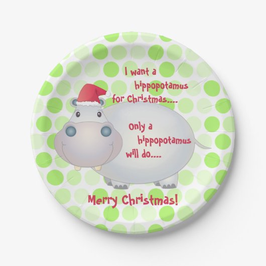 Cartoon Hippopotamus Hippo Kerstmis Papieren Bordje (Voorkant)
