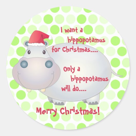 Cartoon Hippopotamus Hippo Kerstmis Ronde Sticker (Voorkant)