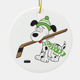 Cartoon Hockey Dog Green Scarf Kerstdecor Keramisch Ornament