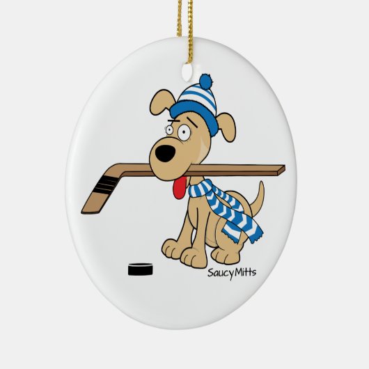 Cartoon Hockey Dog kerstversiering Keramisch Ornament (Rechts)