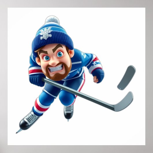 Cartoon Hockey Player Skating with Intense Express Poster (Voorkant)