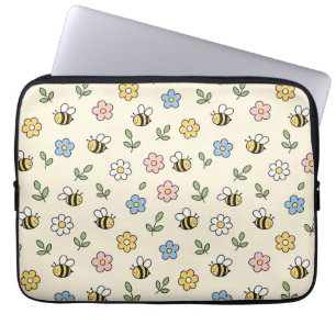 Cartoon hommel en bloemenpatroon laptop sleeve