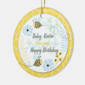 Cartoon hommels tegen een achtergrond van blauw, g keramisch ornament (Links)