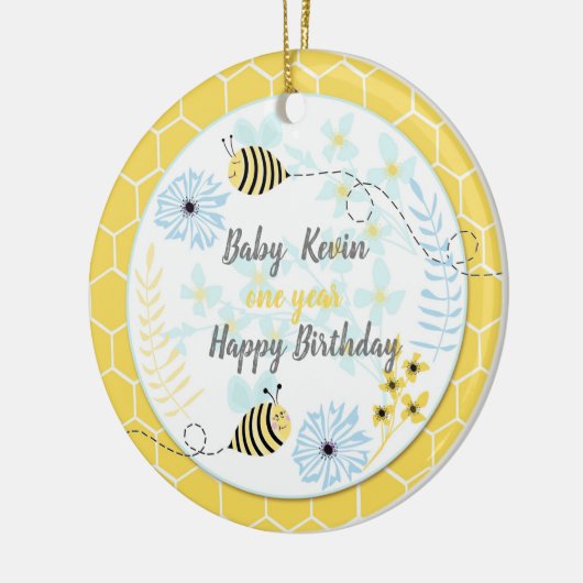 Cartoon hommels tegen een achtergrond van blauw, g keramisch ornament (Links)