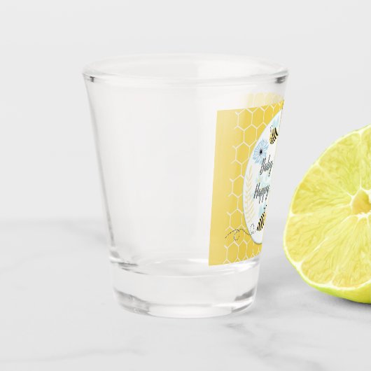 Cartoon hommels tegen een achtergrond van blauw, g shot glas (Links)
