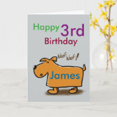 Cartoon hond blij 3e verjaardag naam kaart (Gele Bloem)