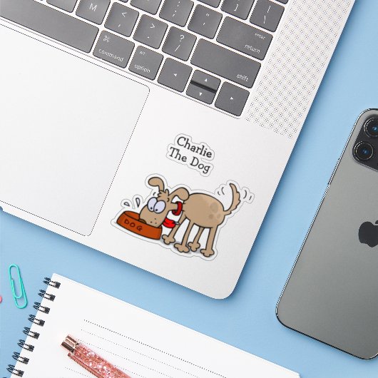 Cartoon Hond Eten Hondenvoer Met Favoriete Naam Sticker (Laptop met iPhone)