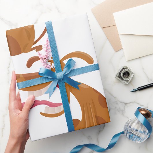 Cartoon hond met grote glimlach en tong uit cadeaupapier