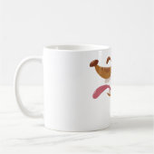 Cartoon hond met grote glimlach en tong uit koffiemok (Links)