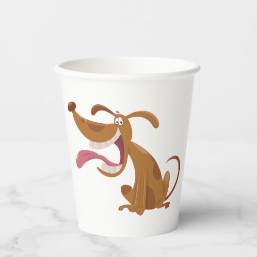 Cartoon hond met grote glimlach en tong uit papieren bekers (Voorkant)