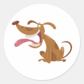 Cartoon hond met grote glimlach en tong uit ronde sticker (Voorkant)