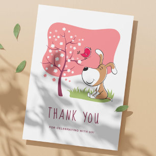 Cartoon Hond Puppy Vogel Bloem Roze Verjaardag Bedankkaart
