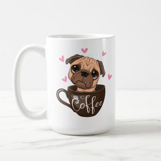 Cartoon hond zit in een kopkoffie koffiemok (Links)