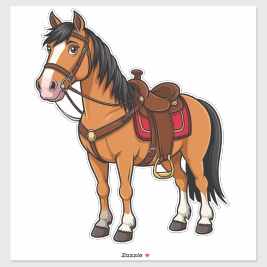 Cartoon Horse With Saddle and Reins Sticker (Vel)