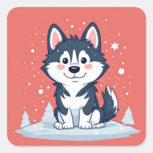 Cartoon Husky zittend in kerstsneeuw Vierkante Sticker