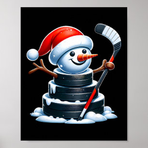 Cartoon-ijshockeypuck-sneeuwman met kerstmannenhoe poster