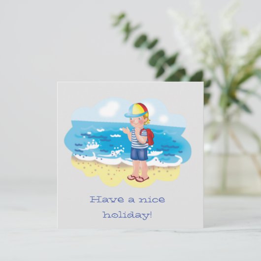 Cartoon illustratie - Jongen op het strand Feestdagenkaart (Staand voorkant)