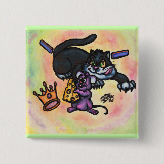 Cartoon Illustratie Kat Muis Kaas Kroon Muren Vierkante Button 5,1 Cm