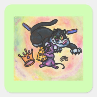 Cartoon Illustratie Kat Muis Kaas Kroon Muren Vierkante Sticker