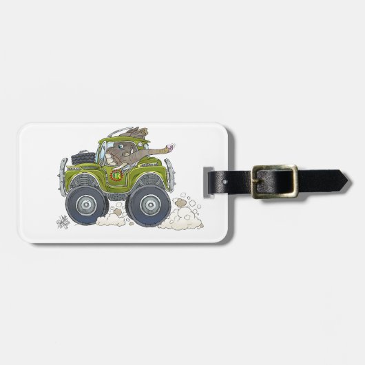 Cartoon illustratie van een olifant die een jeep b bagagelabel (Voorkant horizontaal)