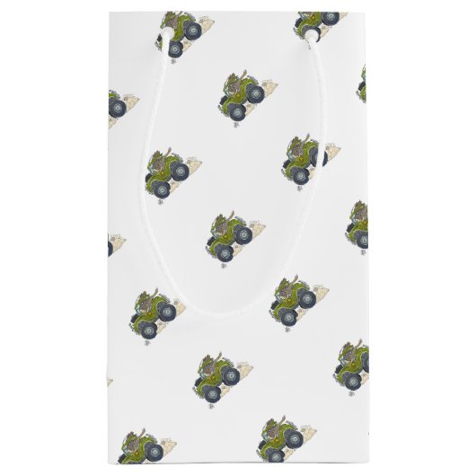 Cartoon illustratie van een olifant die een jeep b klein cadeauzakje (Achterkant)