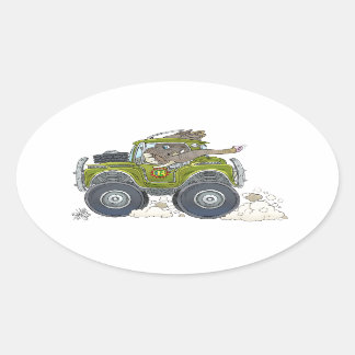 Cartoon illustratie van een olifant die een jeep b ovale sticker