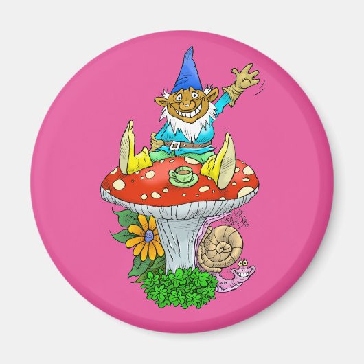 Cartoon illustratie van een zwaaiende zitkabouter. magneet (Voorkant)