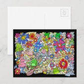 Cartoon illustratie, van varkens, bloemen en kikke feestdagenkaart (Voorkant / Achterkant)