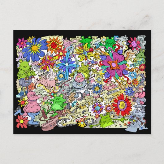 Cartoon illustratie, van varkens, bloemen en kikke feestdagenkaart (Voorkant)