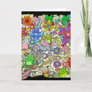 Cartoon illustration, of pigs, flowers and frogs. feestdagen kaart