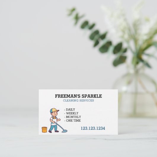 Cartoon Janitor Mopping Cleaning Service Visitekaartje (Staand voorkant)