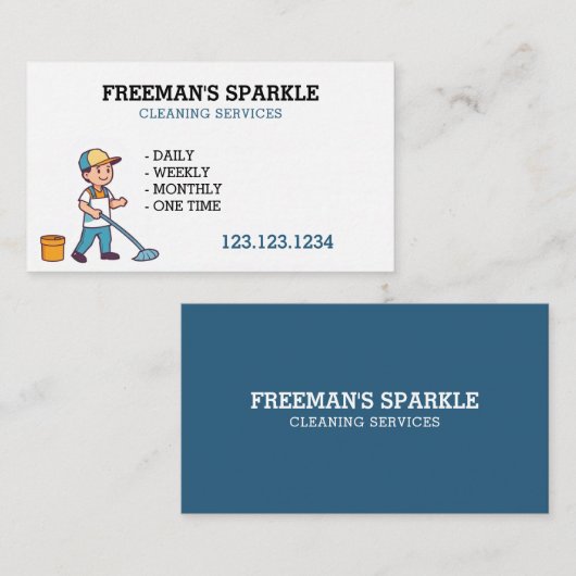 Cartoon Janitor Mopping Cleaning Service Visitekaartje (Voorkant / Achterkant)