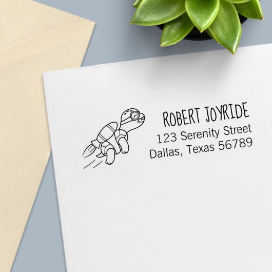 Cartoon Jetpack Turtle Address Zelfinktende Stempel