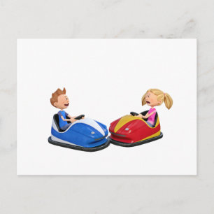 Cartoon jongen en meisje in Bumper Cars Briefkaart