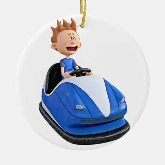 Cartoon jongen in een bumperauto keramisch ornament (Voorkant)