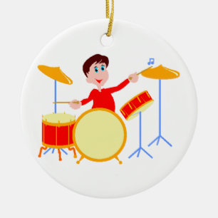 Cartoon jongen speelt drumset scherpe randen keramisch ornament