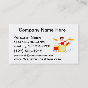 Cartoon jongen speelt drumset scherpe randen visitekaartje