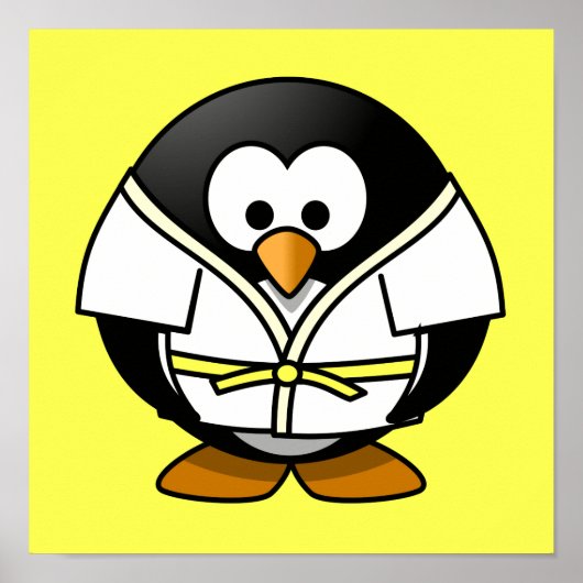 Cartoon Judo Penguin Gele achtergrond Poster (Voorkant)