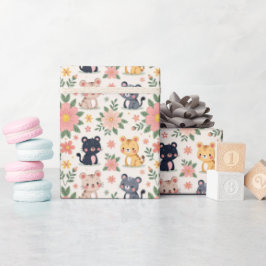 Cartoon Junglekatten en Bloemen Cadeaupapier