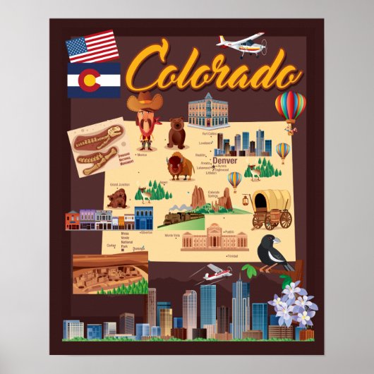 Cartoon Kaart van Colorado Poster (Voorkant)